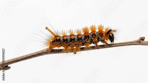 Close-up of a vibrant orange and black hairy caterpillar crawling on a thin brown branch against a clean white background.