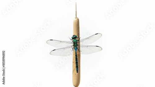 Dragonfly Perched on a Cattail Against a White Background.