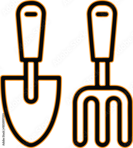 Gardening tools shovel and rake icon