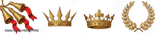 Golden Royal Symbols Set with Crowns Laurel Wreath and Ceremonial Horns Vector