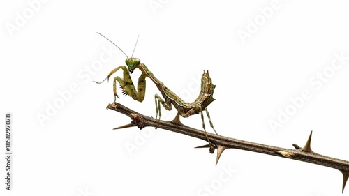 Praying Mantis Perched on Thorny Branch Against White Background.
