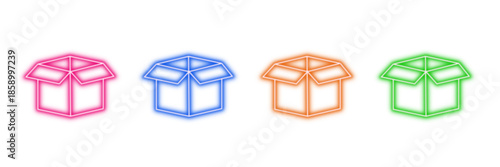 Neon glowing open box vector icons set, package, delivery, shipping, container, product, vibrant colorful digital design illustration.