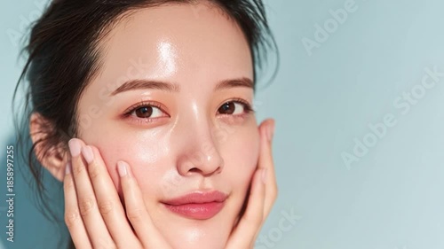 水色の背景とスキンケアする女性（生成AI)