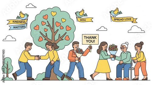 People sharing kindness and love with gifts and gestures a concept illustration for community support and gratitude isolated on white background