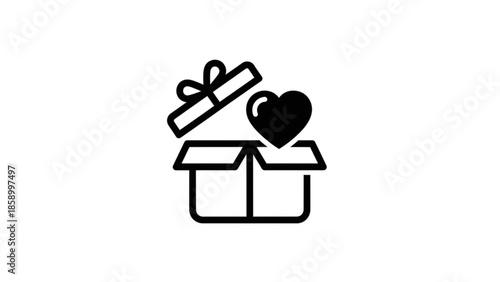 Open gift box with heart icon simple line art symbol for surprise love and special occasion isolated on white background