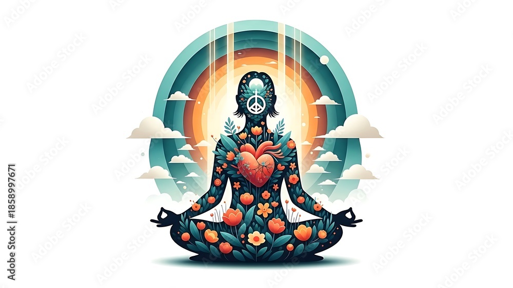 Fototapeta premium Meditating figure with vibrant floral patterns and a glowing heart, embraced by a serene rainbow and tranquil clouds, symbolizing inner peace and spiritual harmony