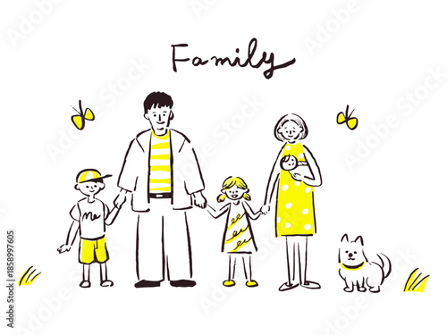 5人家族と犬が手をつないで立っている風景