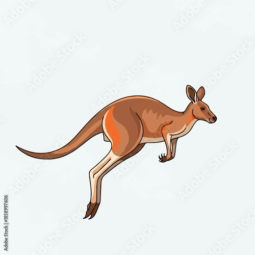 A kangaroo is jumping across the Australian outback landscape viewed from the side.
