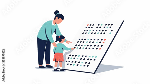 A mother and daughter analyzing a large braille together at home with a graphical illustration style