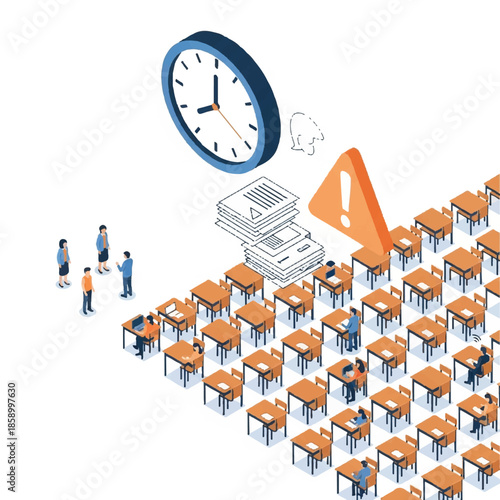 A deadline is looming over a classroom full of empty desks as students and teacher discuss a warning sign near a stack of papers.