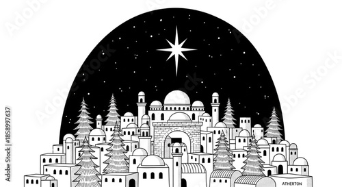 Christmas Star Shines Over Bethlehem City Illustration Nativity Scene Religious Holiday Card Winter Season