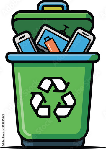 Electronic Waste Recycling Bin Vector Illustration - Green Trash Can with Electronic Devices and Recycling Symbol