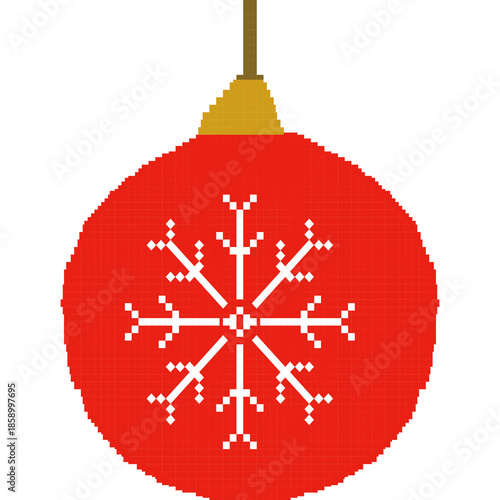 Pixel art Christmas ornament ball with white snowflake pattern. Cute and simple 8-bit style illustration with a retro pixel look, perfect for holiday decorations, digital stickers,