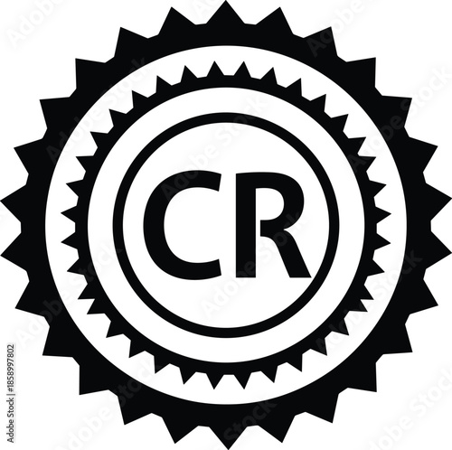 Black and white gear emblem logo design, bold CR letters inside concentric circles, industrial badge symbol, certification stamp, vector illustration, branding icon