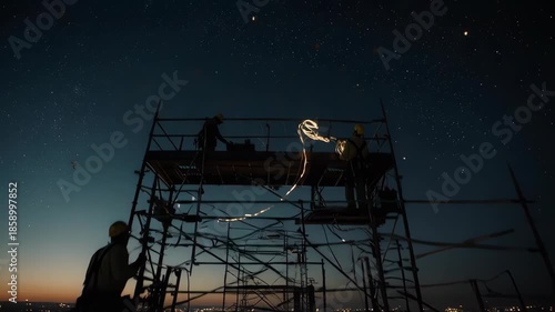 Group of workers on a scaffold gaze at a starry sky with glowing connections
