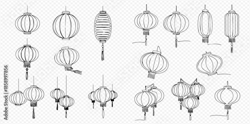 Set of hand-drawn Chinese lanterns, traditional Asian paper lamps for celebration and decoration.