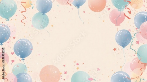 Playful Pastel Pink Background with Cute Colorful Balloons Frame Border for Kids Birthday Party Invitation or Baby Shower Greeting Card