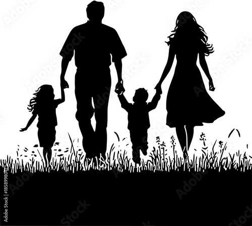 Silhouette family walking in the park mother and father with son and daughter illustration design 