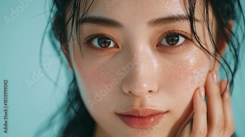 水色の背景とスキンケアする女性（生成AI)