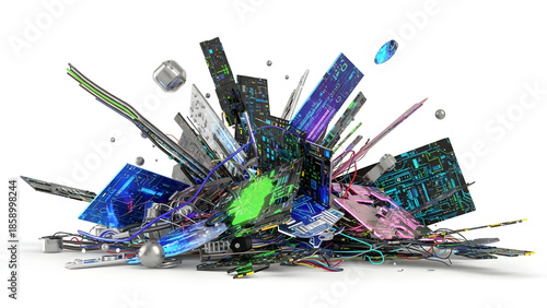 A chaotic pile of shattered electronic components and circuit board fragments, representing e-waste or technological debris.