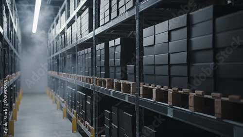 Warehouse With Packed Boxes on Shelves and Fog