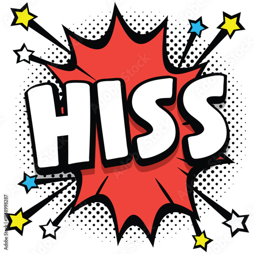 Comic book style illustration of the word hiss in bold white letters surrounded by colorful stars and explosion effect
