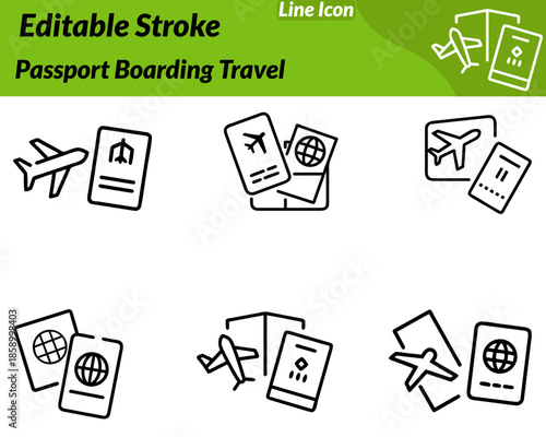 A modern passport boarding icon featuring a passport booklet paired with a boarding pass airplane symbol. Designed with clean minimal lines to represent travel documents airport check-in immigration.