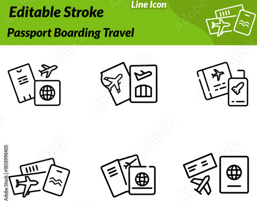 A modern passport boarding icon featuring a passport booklet paired with a boarding pass airplane symbol. Designed with clean minimal lines to represent travel documents airport check-in immigration.
