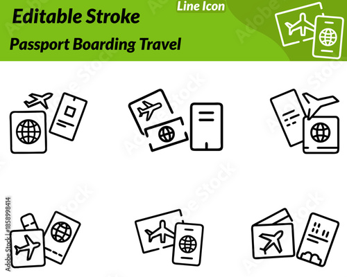 A modern passport boarding icon featuring a passport booklet paired with a boarding pass airplane symbol. Designed with clean minimal lines to represent travel documents airport check-in immigration.