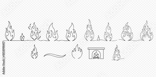 Set of continuous line drawings of various fire flames and a fireplace, symbolizing warmth and energy.