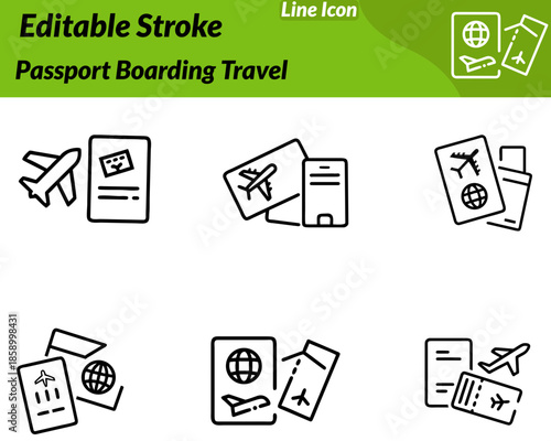 A minimalist passport boarding travel icon. Showing a passport paired with a boarding pass and airplane symbol. Clean modern design represents international travel airport procedures flight.