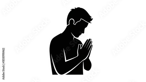 Silhouette of a man praying a symbol of faith and devotion isolated on a white background for spiritual or religious concepts