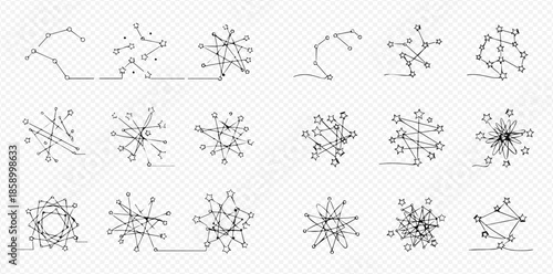 Set of hand-drawn network connection lines with dots, representing abstract digital technology and communication concepts.