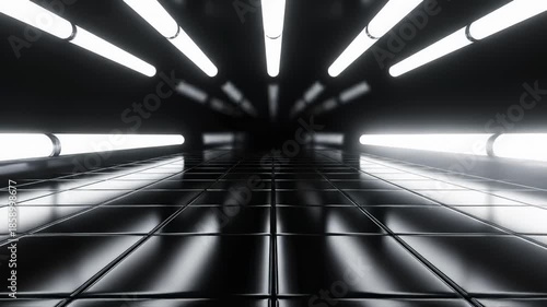 Walking Through a Glowing Black Tunnel With Shiny Tiles