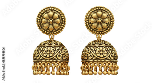 Ornate Gold Jhumka Earrings. Traditional Indian Ethnic Jewelry for Festive Celebrations, Weddings, and E-commerce.