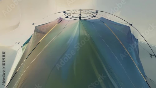 Abstract view of a tent frame and fabric, with soft blue and green hues