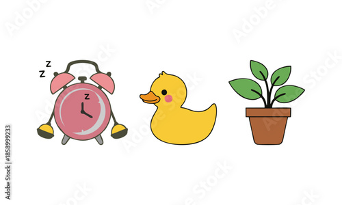 A pink alarm clock, a yellow rubber duck, and a green potted plant on a white background.