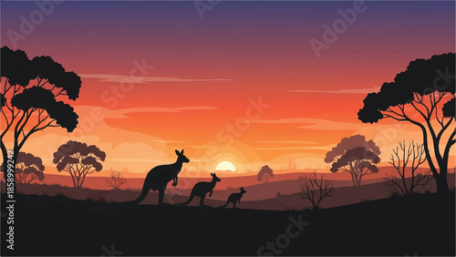 Kangaroo family silhouette against vibrant Australian outback sunset landscape viewed from a distant hill