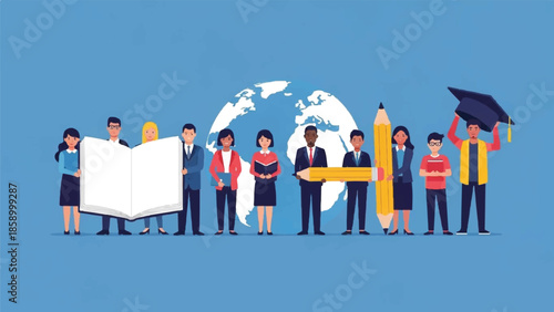 Diverse group of professionals standing together holding various objects against a global map backdrop illustration