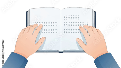 Reading Session, Hands, Open Braille Book, Graphic Illustration, Minimalist Style, Top View, Learning Concept