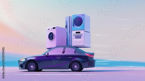A car carries stacked appliances with motion blur against a colorful sky