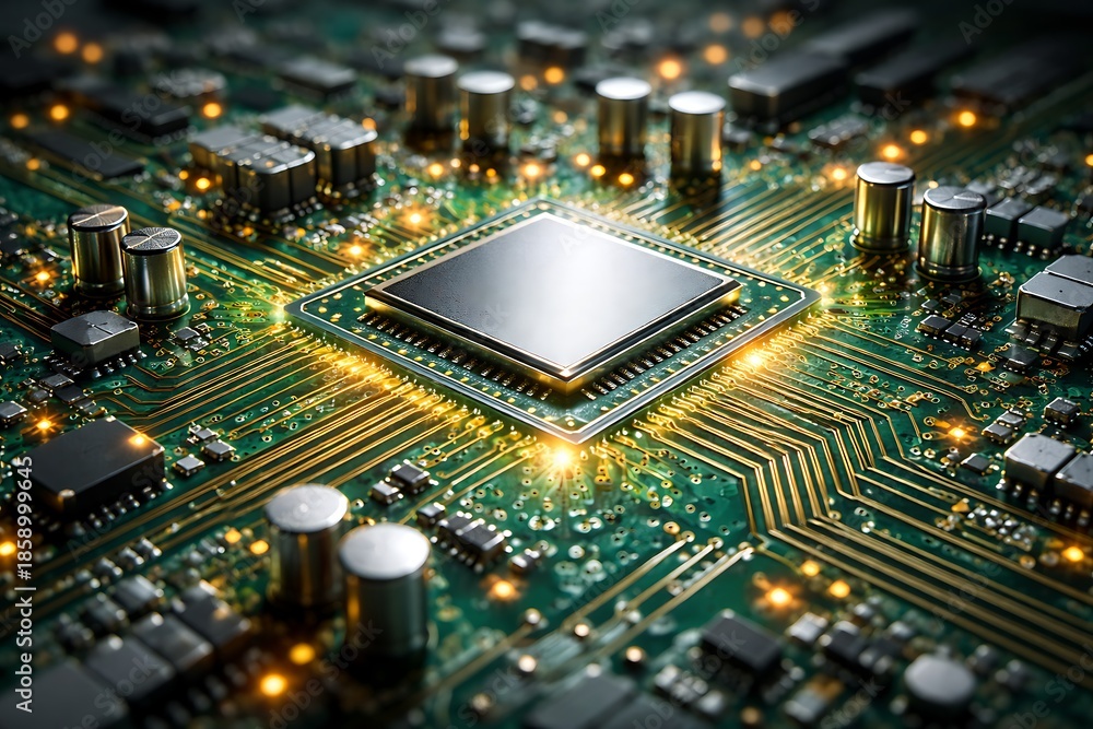 Obraz premium Central processing unit on a circuit board with glowing electronic connections