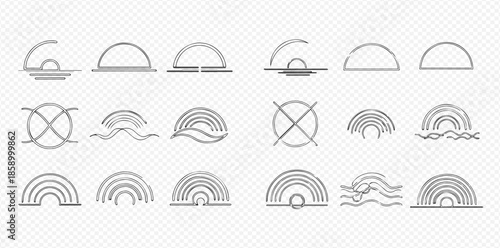 Set of abstract rainbow and sun vector line art icons for logo design and graphic elements.