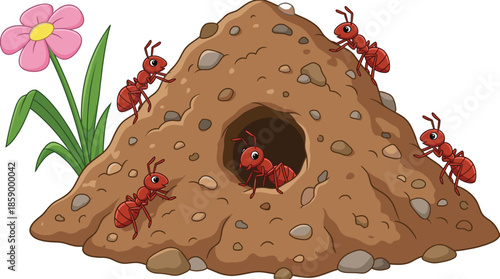 Cute cartoon ants living in anthill with flowers isolated on white background kids illustration education nature vector art design playful