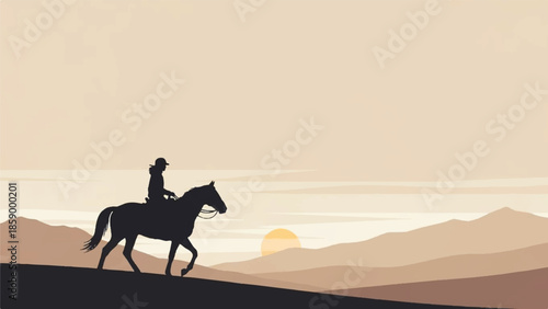 A lone rider on horseback traverses a desert landscape at sunset