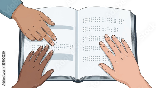 Hands reading Braille book together, promoting literacy and accessibility