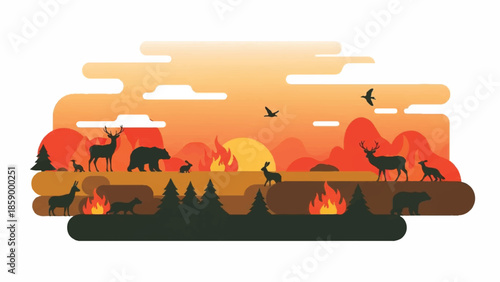 Wildlife silhouettes against a vibrant orange sunset with flames and birds flying overhead in a serene landscape