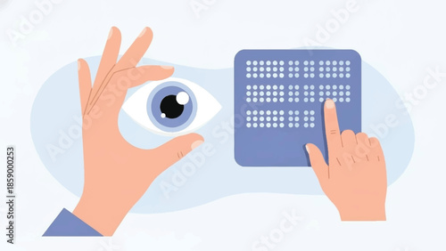 Hands interacting with braille display and eye symbolizing visual and tactile communication