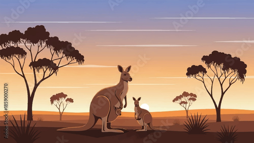 Kangaroo and joey standing together in a serene Australian outback landscape at sunset viewed from a slight elevation