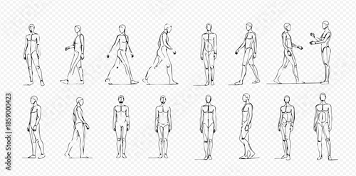Human body outline sketches set, male and female figures in various poses, hand-drawn vector illustration.